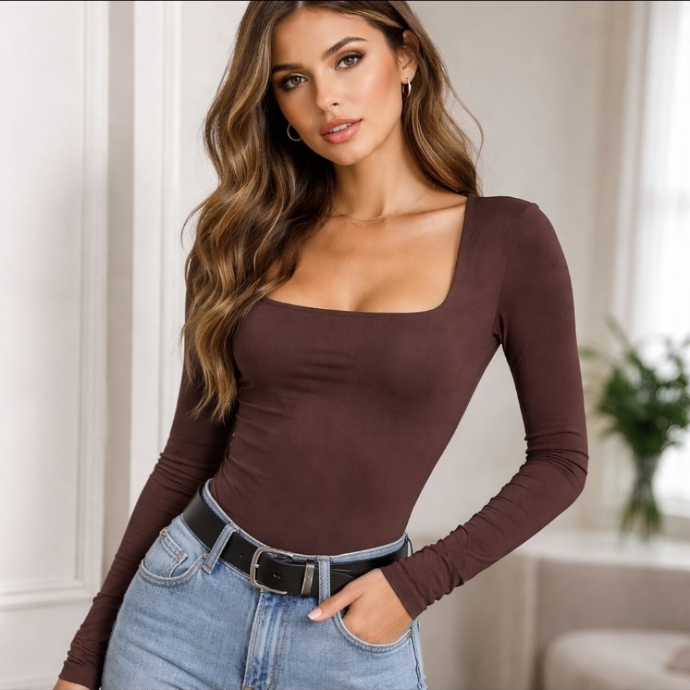 Square neck brown long sleeve bodysuit Live In The Moment size S NWT